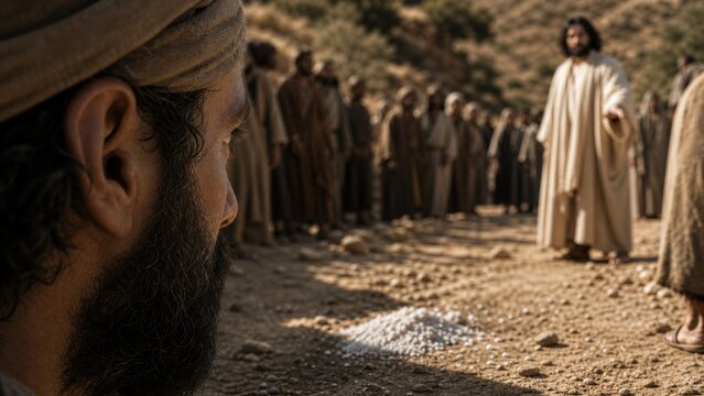 Bearded man listens to Jesus teaching a crowd in the wilderness. Biblical scene illustrating discipleship, spiritual commitment, and the call to follow a difficult path.