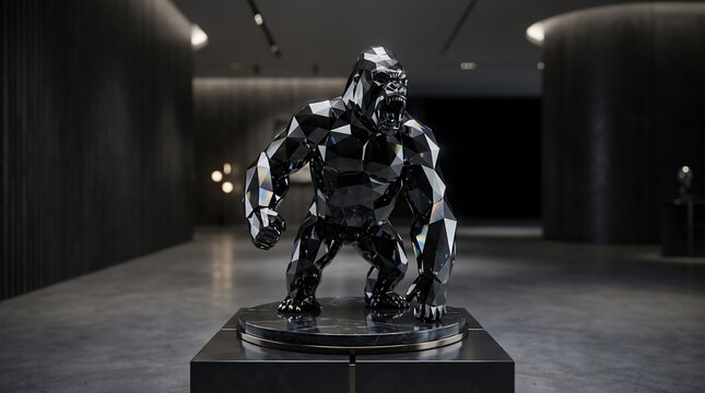 Polygonal gorilla sculpture modern art display dark interior