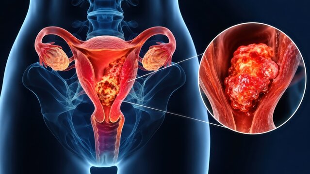 Female reproductive system showing uterine cancer tumor with enlarged closeup. Medical anatomy illustration for oncology diagnosis, gynecology education, cancer awareness and healthcare research.