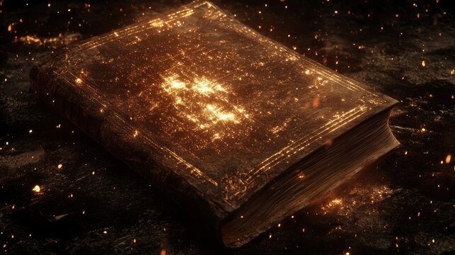 Glowing book with intricate details on dark background