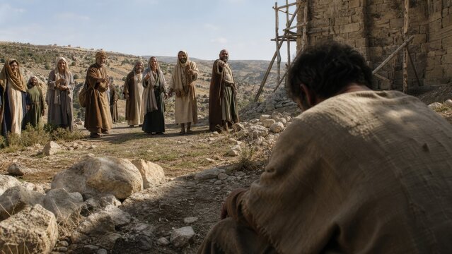 Jesus teaches a crowd beside an unfinished stone tower. Biblical scene illustrating discipleship, sacrifice, commitment, and the cost of following a spiritual path.