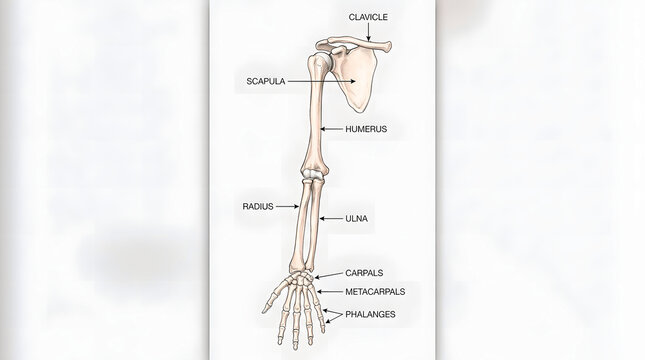 Human arm skeleton anatomy chart showing bone structure and labeling parts