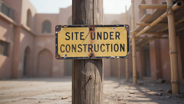 Site under construction yellow sign mounted on wooden pole outdoors