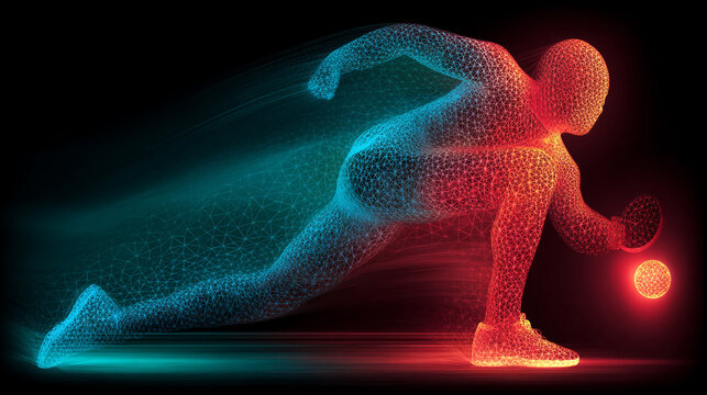 Futuristic digital runner figure made of glowing particles and light trails running fast