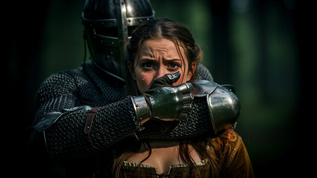 Medieval knight covering the mouth of a terrified young woman. Captive lady crying in a dark forest setting with authentic armor. Historical kidnapping and drama concept for fantasy marketing.