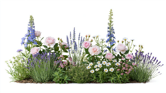 Mixed English Cottage Garden Plants Isolated on White Background