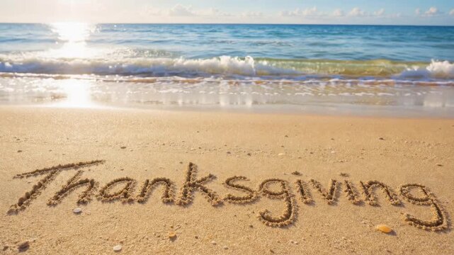 Thanksgiving written on sandy beach with ocean waves and sunlight reflecting on water