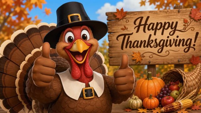 Happy Thanksgiving cartoon turkey with autumn harvest pumpkins corn and fruits festive fall celebration