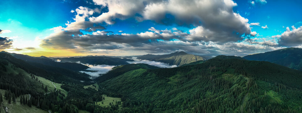 Misty Mountain Valley from Above in Rarau Mountains, Romania