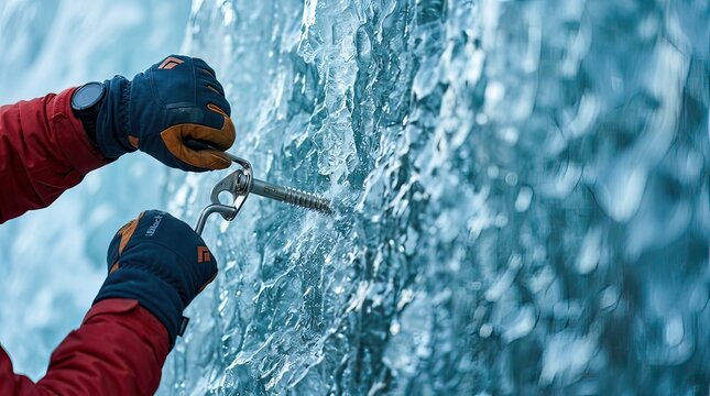 ice climbing with ice axe on frozen glacier surface