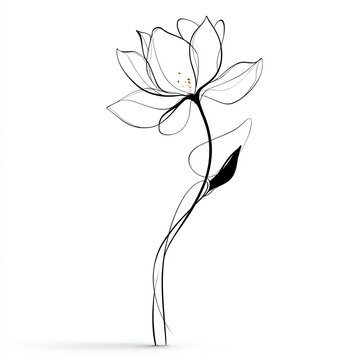 Minimalist black and white line art drawing of a single blooming flower on white background