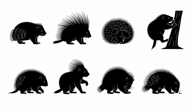 Porcupine silhouette collection showing various poses. Black wildlife icons featuring climbing and defensive positions. Nature vector set for logos and educational design.