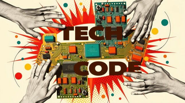 Hands reaching toward circuit boards with TECH CODE text in a retro collage style. Vibrant comic burst background with vintage electronics and software concepts. Ideal for coding education ads.