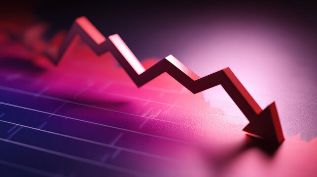 Economic forecast chart uncertainty falling arrow on financial graph with dramatic red and blue lighting