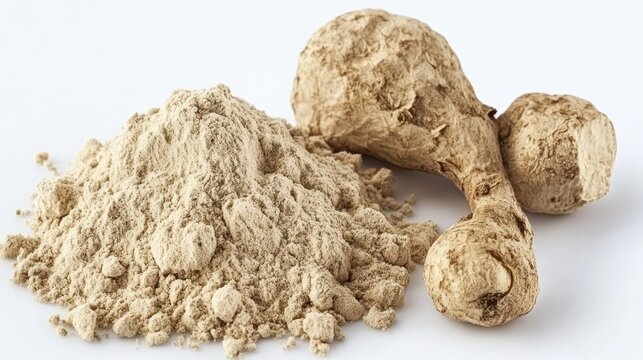 Maca root and maca powder on white background