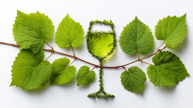 Creative wine glass shape formed by fresh green vine leaves and branches on white background
