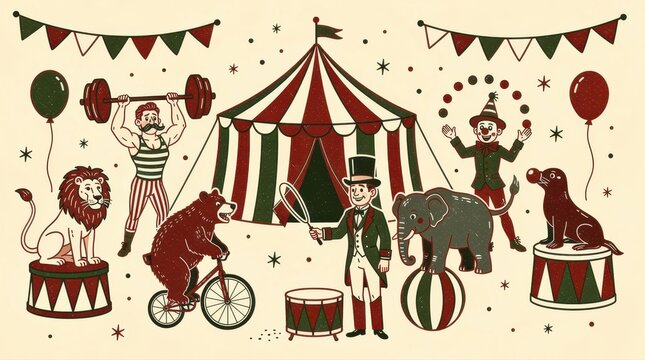 Vintage circus characters perform around a big top tent. Illustration includes ringmaster, clown, strongman, and trained animals. Retro folk art style for event invitations and nostalgic posters.