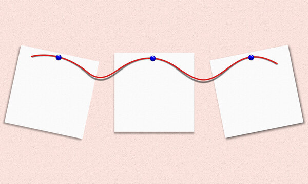 Three Sticky Notes Hanging On A Red String With Blue Pins, Blank Paper Memo Cards And Copy Space On A Soft Pink Background