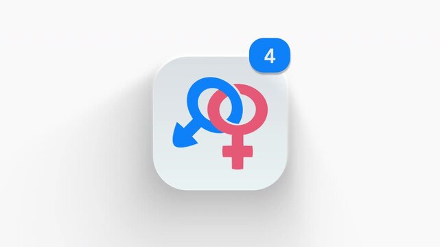  3D interlocked male and female gender symbol icon with counter badge, designed for match alerts, dating apps, and relationship status updates. 