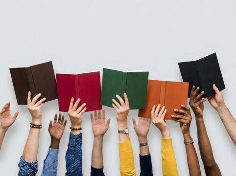 Diverse hands reaching for open books representing knowledge and learning