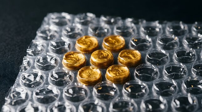 Shiny solid gold pieces safely packaged inside transparent plastic bubble wrap for secure shipping and wealth preservation concepts