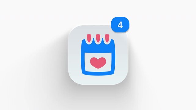 Interactive 3D calendar icon with heart symbol and notification badge, perfect for anniversary reminders, wedding planners, and date alerts. 