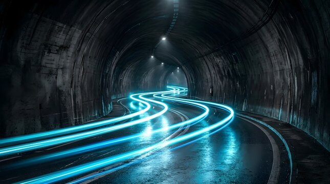 Dramatic tunnel interior with bright blue light streaks from long exposure photography