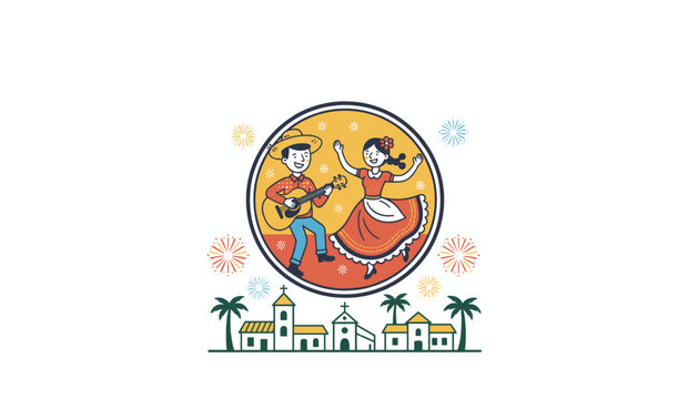 Traditional festival illustration with a couple dancing and playing guitar inside a circular frame with fireworks and village houses at the bottom.