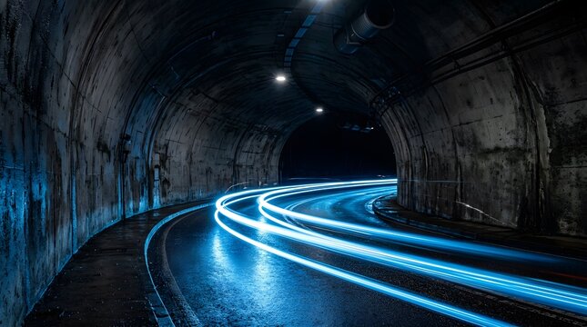 Dark tunnel interior with bright blue light trails from passing vehicles at night