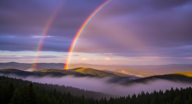 Vibrant double rainbow arches over misty mountain landscape at dusk