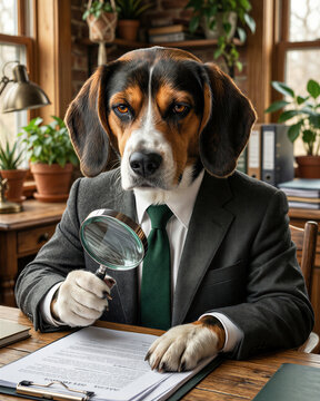 A tri-color beagle in a countryside suit sits calmly reviewing papers through a magnifying glass with steady brown eyes, showing complete business focus in warm home office light.