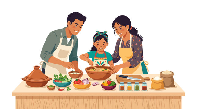 Happy family cooking a healthy meal together in the kitchen.