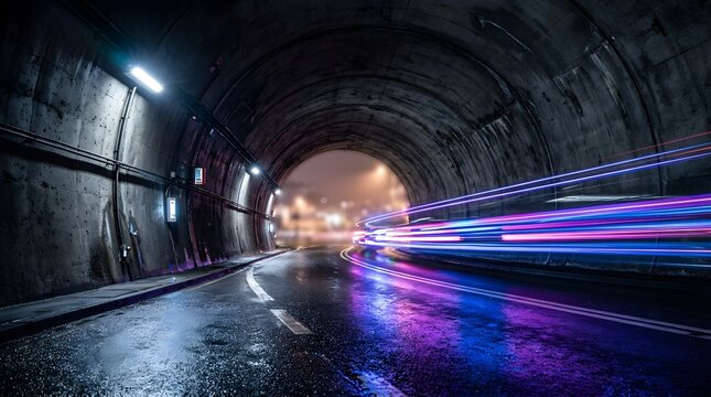 Dark tunnel interior with wet road and blurred light trails of passing vehicles