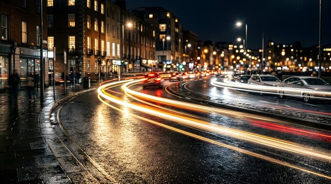 Dublin cityscape at night with blurred traffic light trails on wet streets