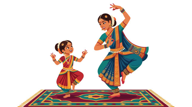 Mother and daughter performing traditional Indian classical dance on a rug.