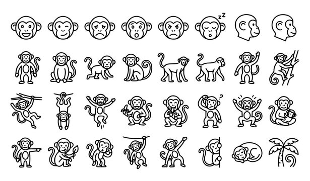 Minimal Black Monkey Animal Outline Icons Isolated Cartoon Vector Set