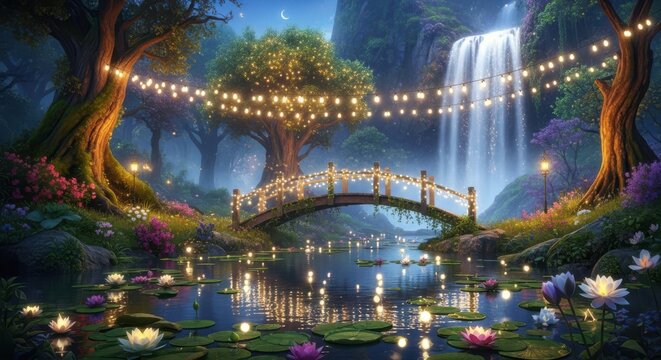 Enchanted forest waterfall illuminated by twinkling fairy lights and lanterns