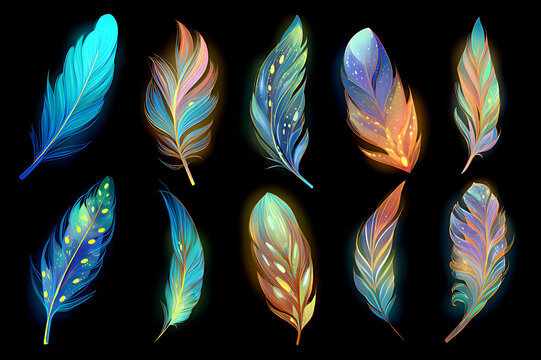 Glowing vector illustration of various glowing feathers