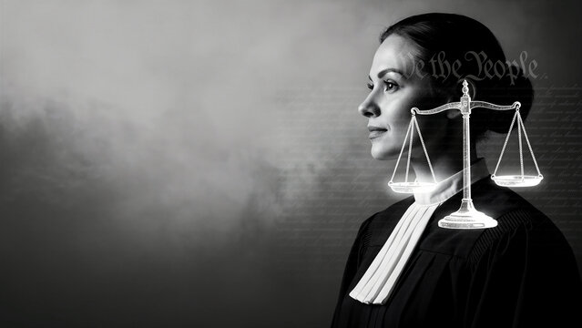 Female judge in robes with glowing scales of justice. Professional legal portrait with constitutional text overlay. Justice and equality concept, ideal for law firm and civil rights marketing.