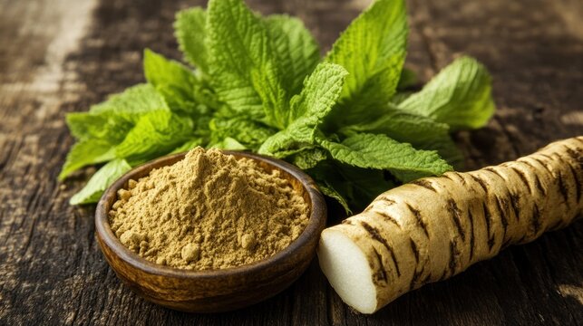 Fresh mint horseradish and powdered spice on wood