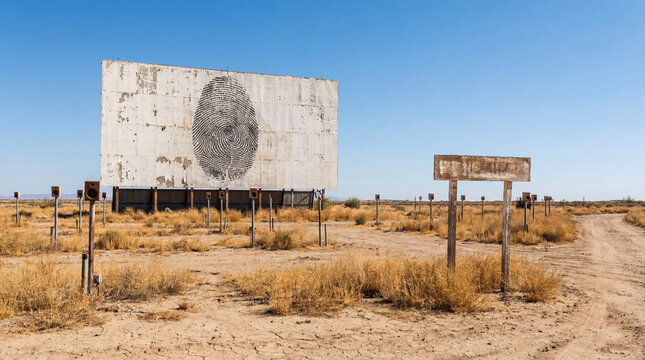 An abandoned vintage drive-in movie theater screen with peeling paint stands in a desolate desert landscape under a clear blue sky in the American West.
