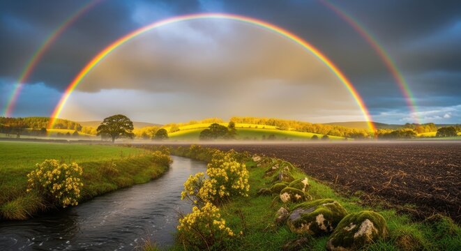 Vibrant double rainbow arches over rolling hills and winding stream