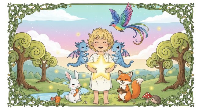 Whimsical child surrounded by magical creatures in a vibrant enchanted forest setting
