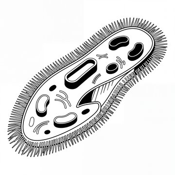 Detailed Biological Diagram of a Paramecium Single Celled Organism Featuring Internal Cellular Anatomy and Cilia Structures for Scientific Study