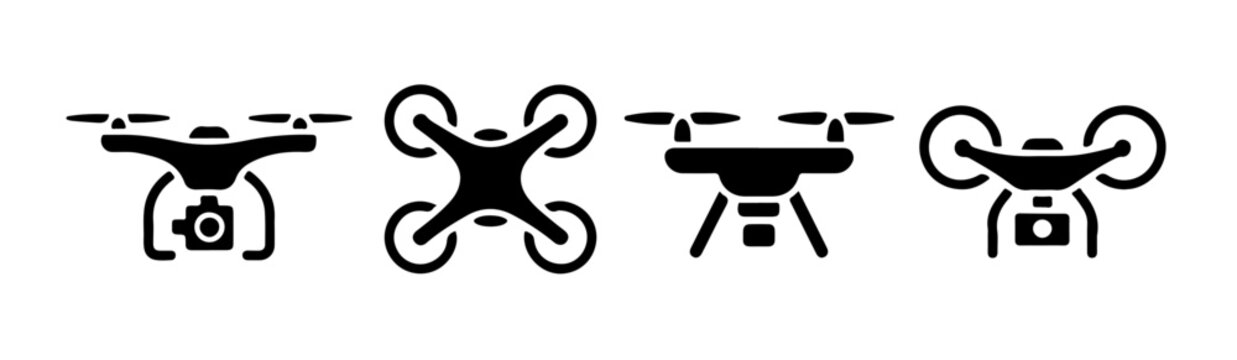 Unmanned aerial vehicle silhouettes featuring camera attachments and landing gear for professional filming.