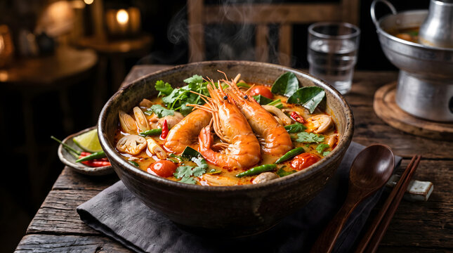 Traditional Thai Tom Yum Goong Soup with Fresh Shrimp and Herbs