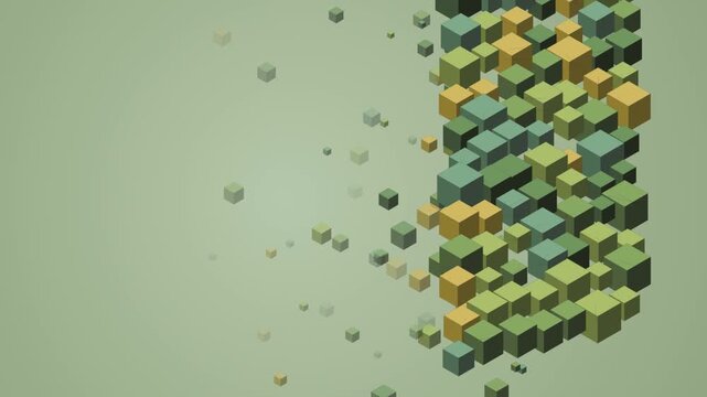Abstract background with a cluster of small 3d cubes in shades of green and yellow arranged in a vertical pattern for modern digital design and geometric graphic art 4K Motion Video
