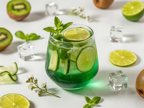 Fresh green cucumber lime mint infused drink with ice cubes and fruit garnish