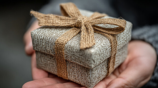 Hands holding small gift box wrapped in burlap with matching twine bow surprise celebration