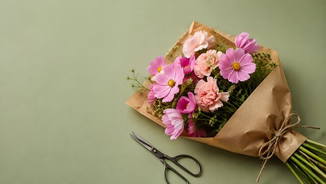 Fresh Flower Bouquet Wrapped in Craft Paper with Scissors